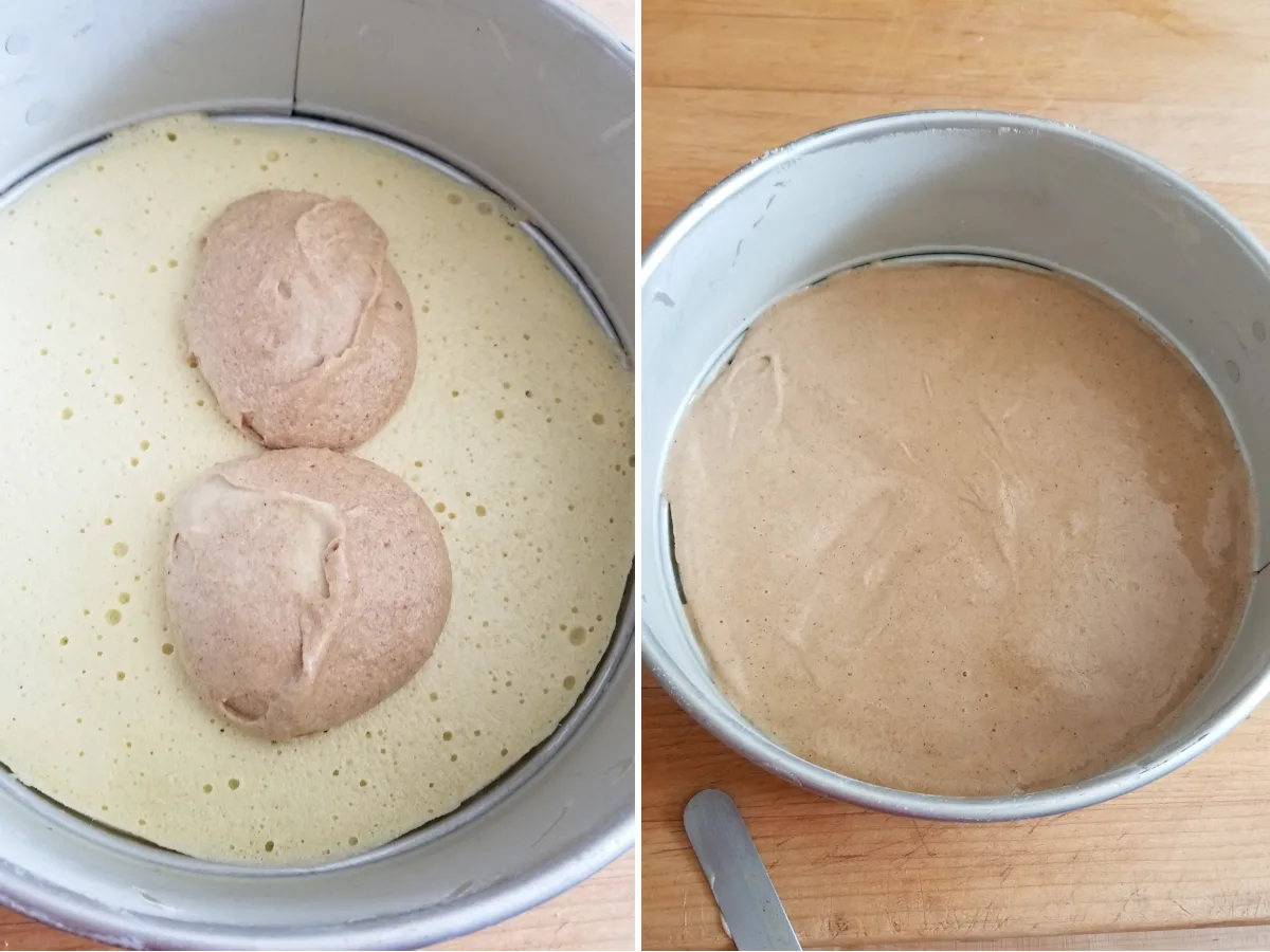 a pan with spiced batter on top of a baked layer and a pan with a layer of spiced batter