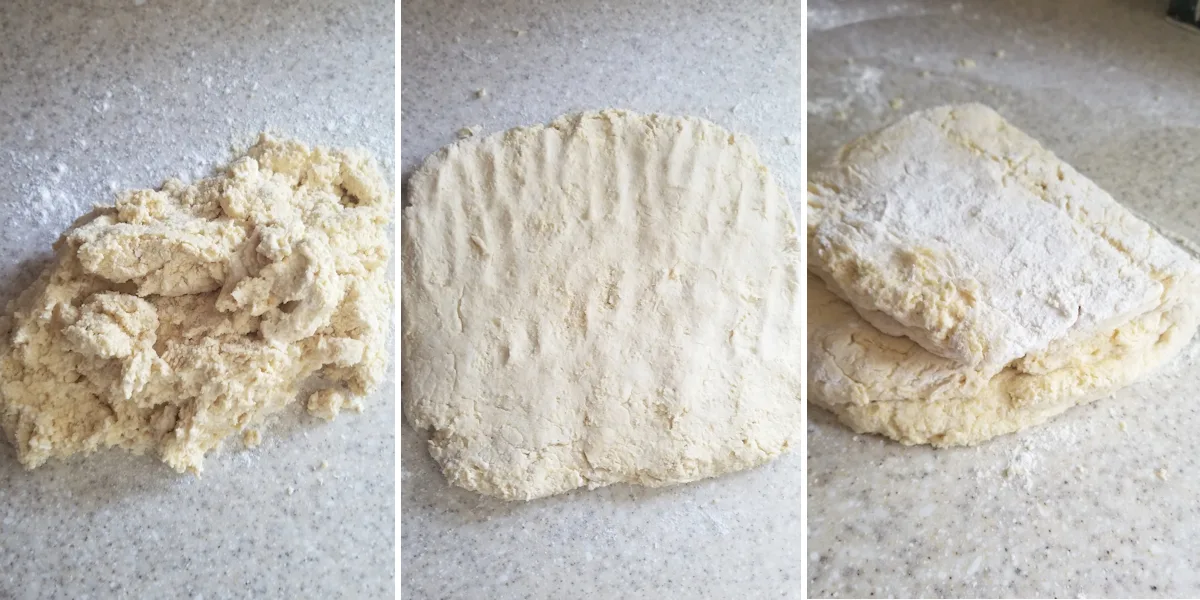 Three images showing how to fold cornmeal biscuit dough before cutting.