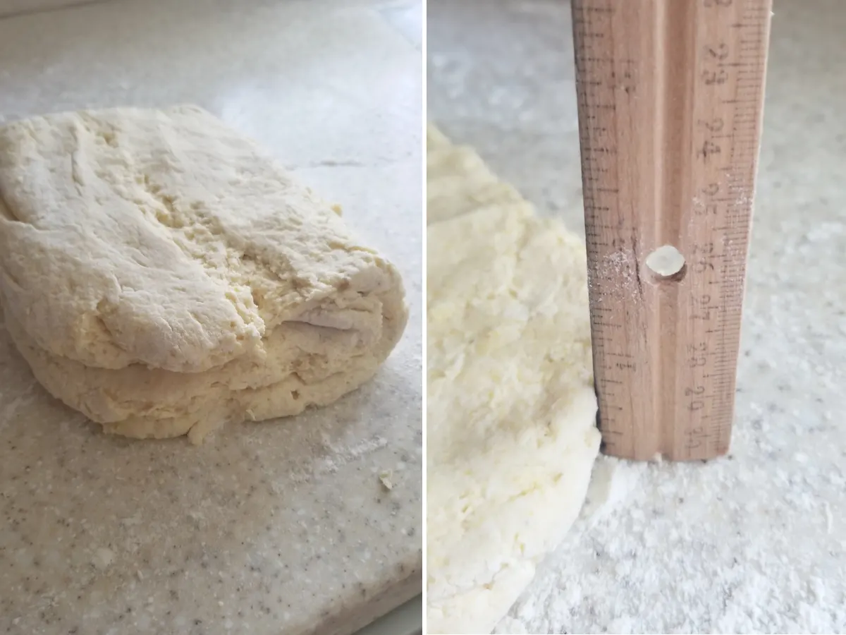 two photos showing how to prepare cornmeal biscuit dough for cutting