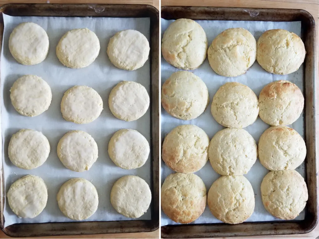 a tray of cornmeal biscuits before and after baking.