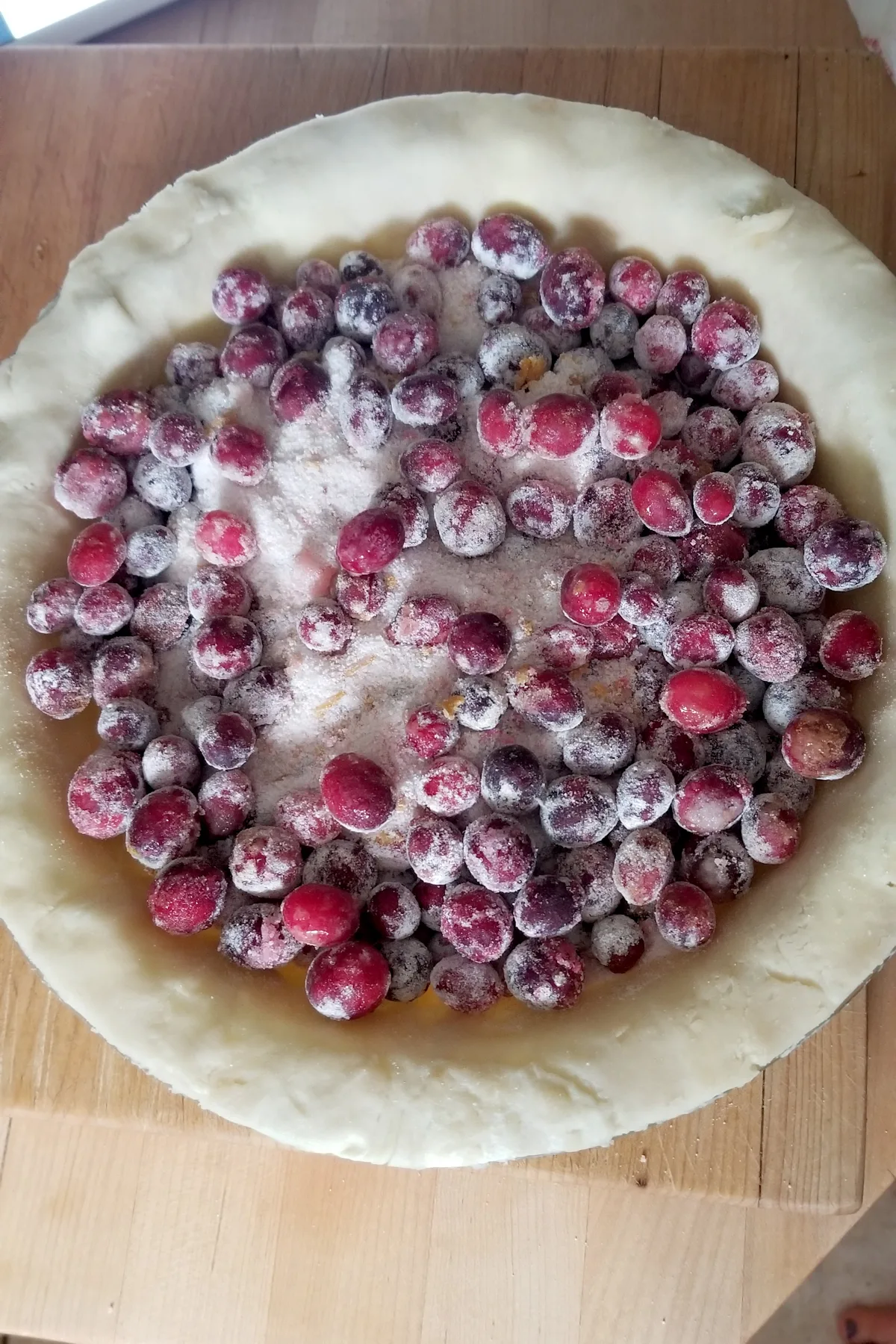 an unbaked pie shell filled with cranberries