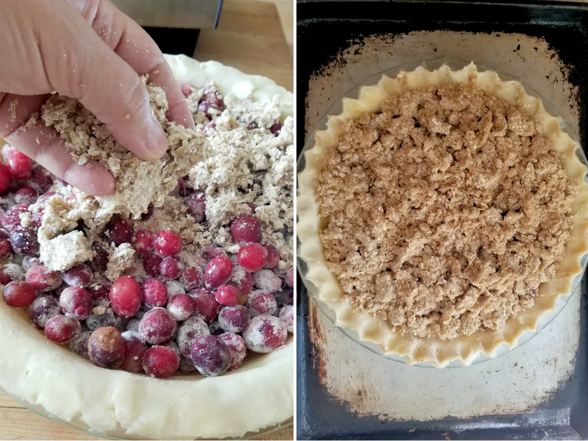 a hand sprinkling crumb topping on a unbaked pie