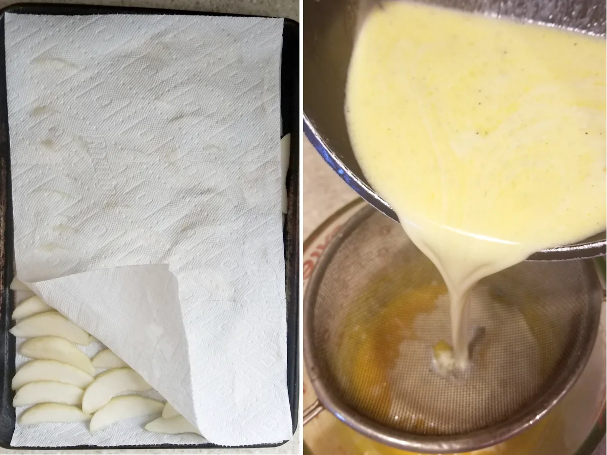 a tray of pear slices covered with paper towels and custard pouring through a sieve