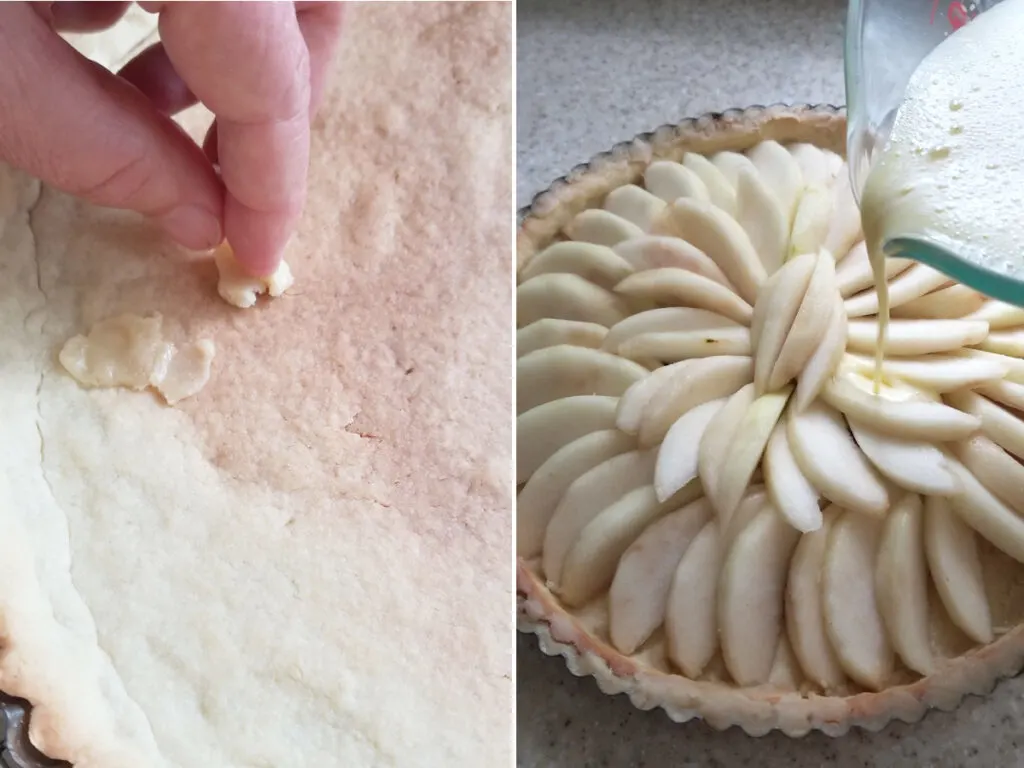 using raw dough to fix holes in a baked tart shell and pouring custard of a pear filled tart shell