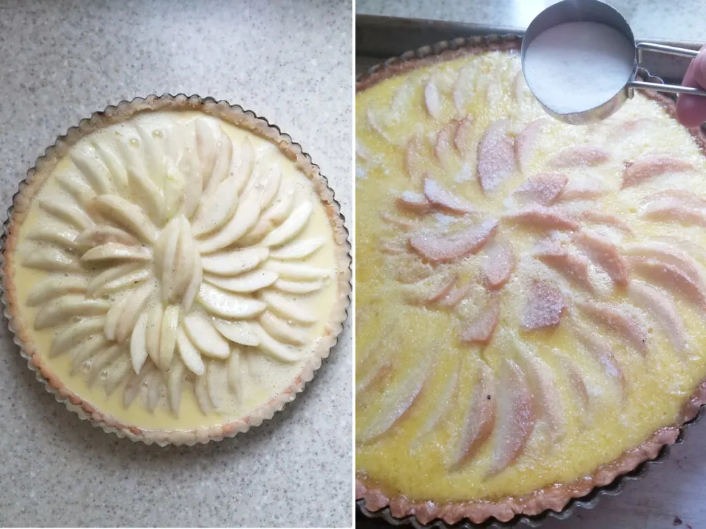 a pear tart before baking and sprinkling sugar over a baked tart