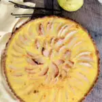 a pinterest image for pear custard tart with text overlay