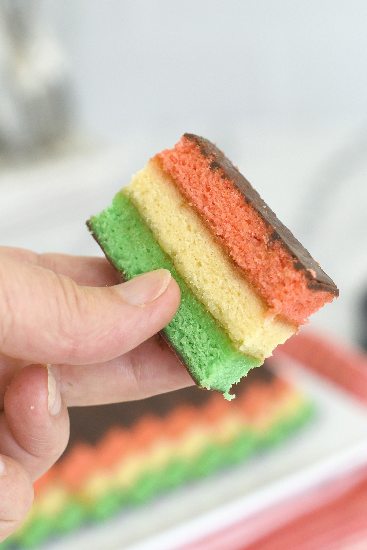 a hand holding an italian rainbow cookie.