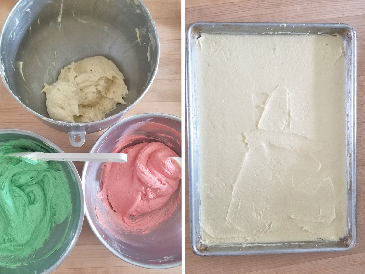 three bowls with red, green and white batter. A baking pan filled with white cake batter.