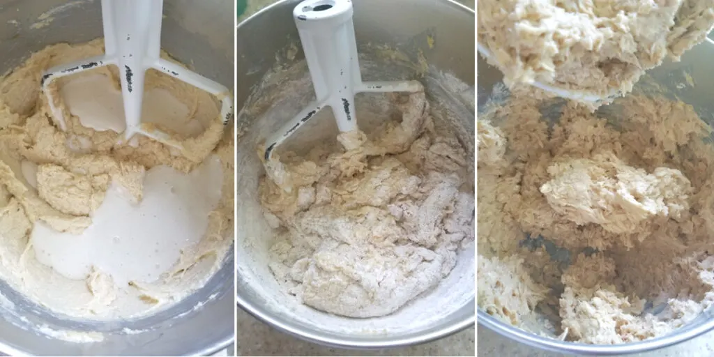 three photos showing how to mix sourdough oatmeal cookie dough
