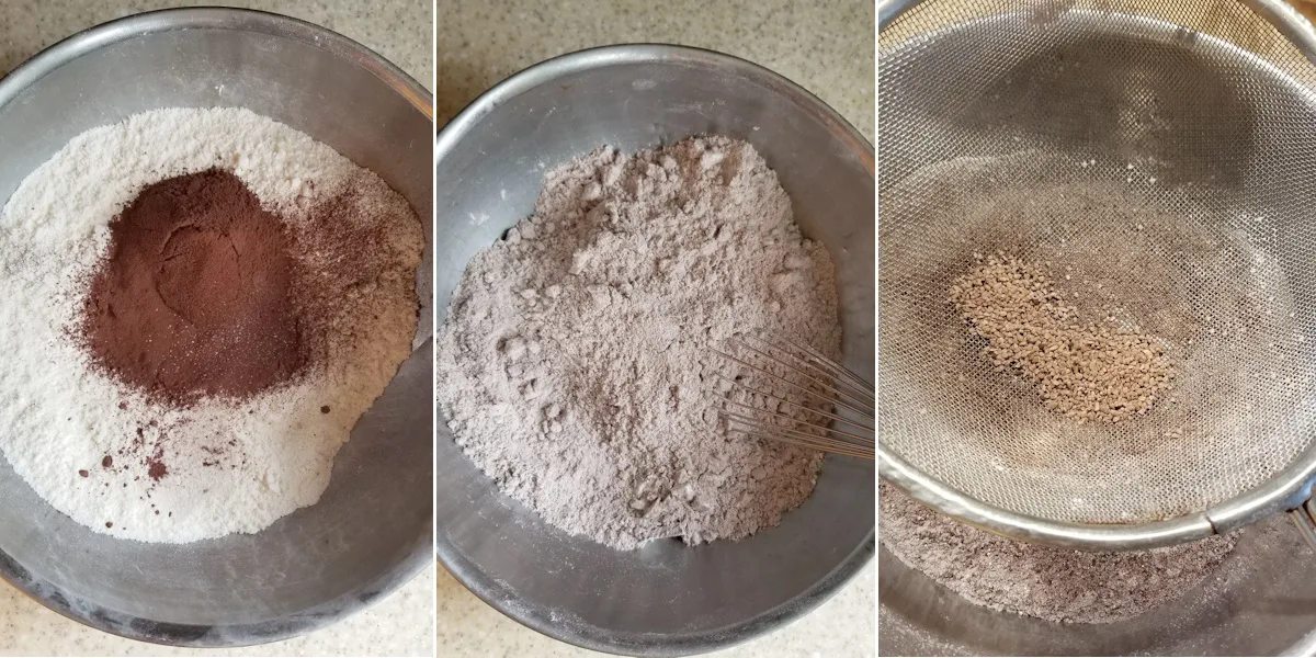 one bowl with sugar and cocoa, second bowl whisking cocoa into sugar and almond flour third bowl with sifted almond, cocoa sugar mix.