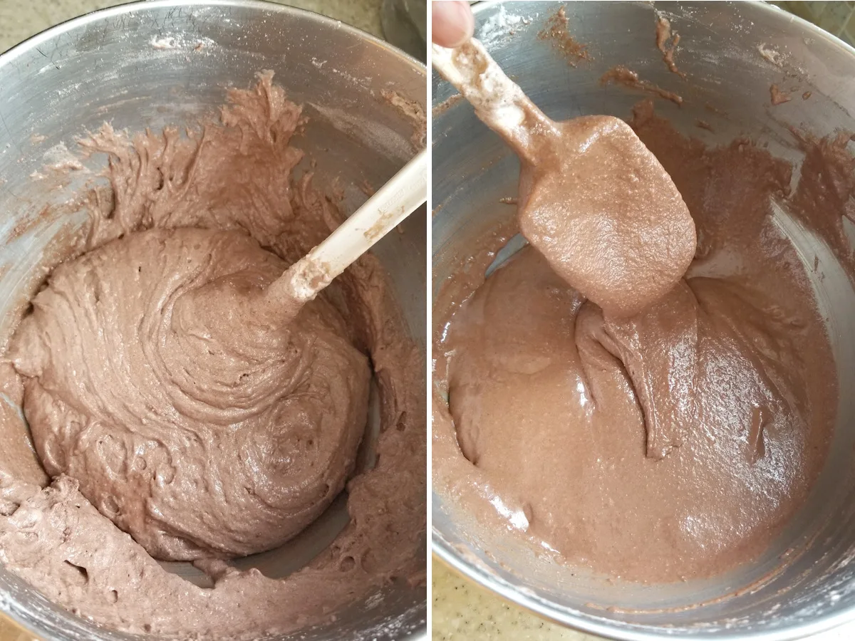A bowl of chocolate macaron batter with spatula.