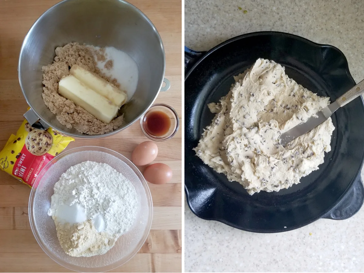 ingredients for malted milk chocolate chip cookies and cookie dough in a cast iron skillet