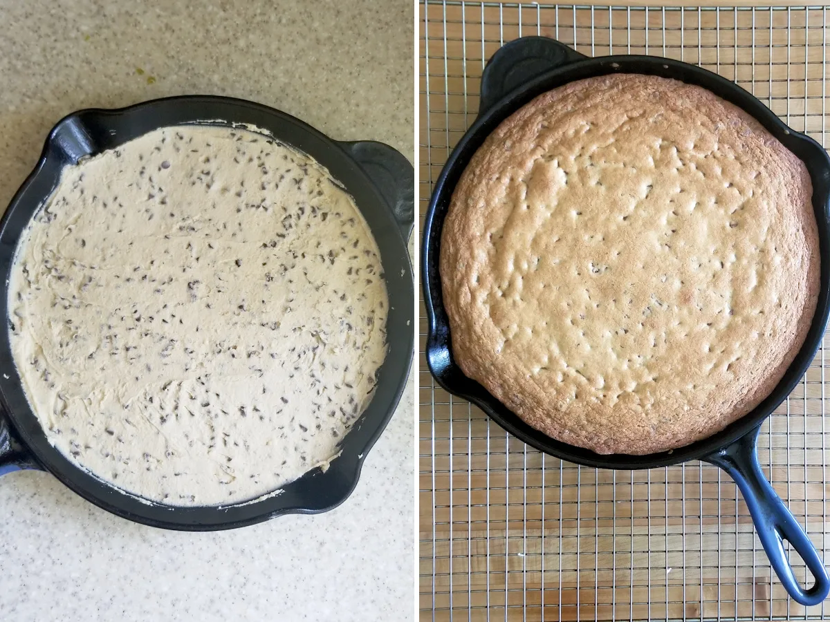 a skillet chocolate chip cookie before and after baking