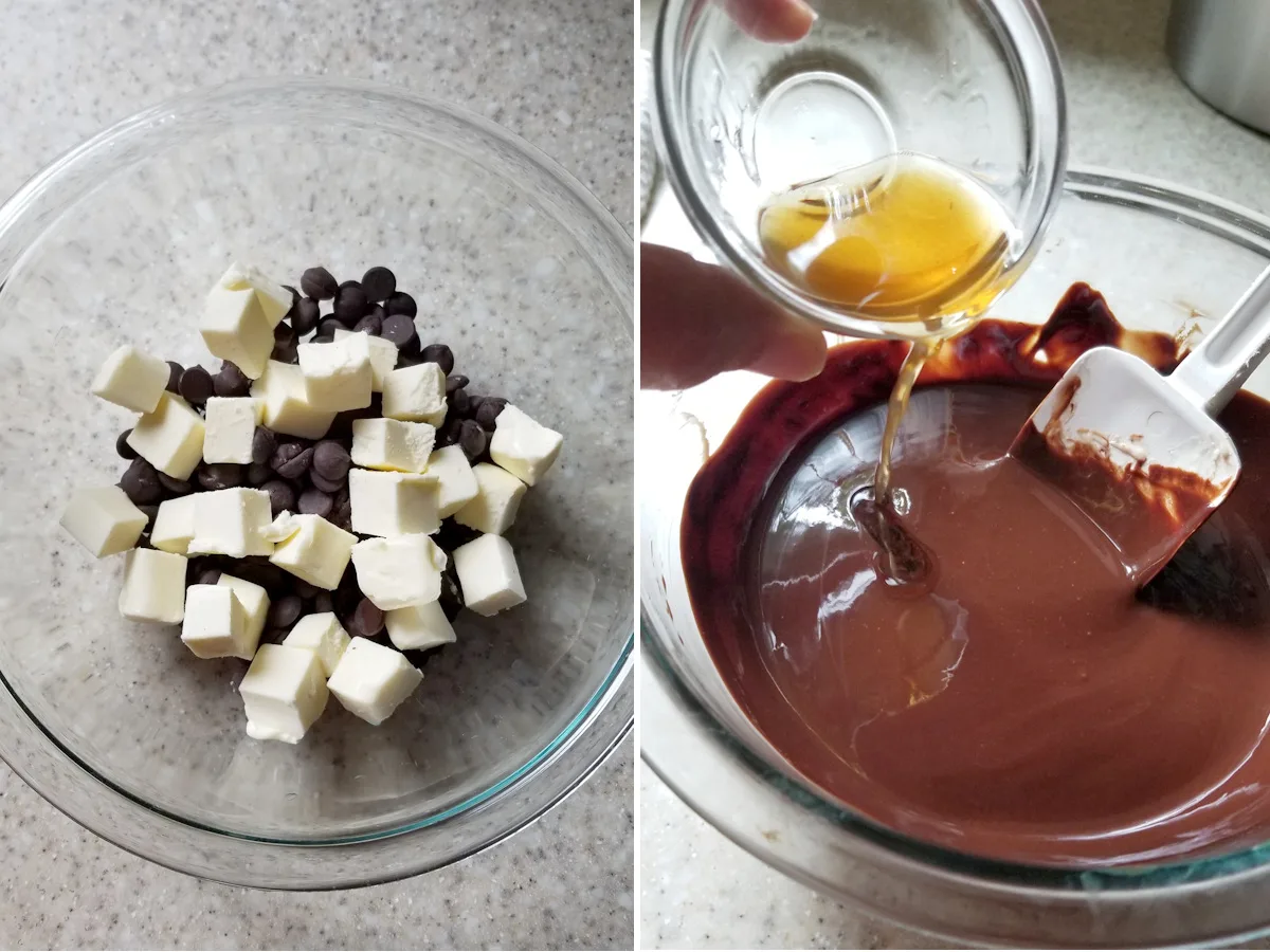 a bowl with cubes of butter and chocolate and a bowl of melted chocolate with liquor being added