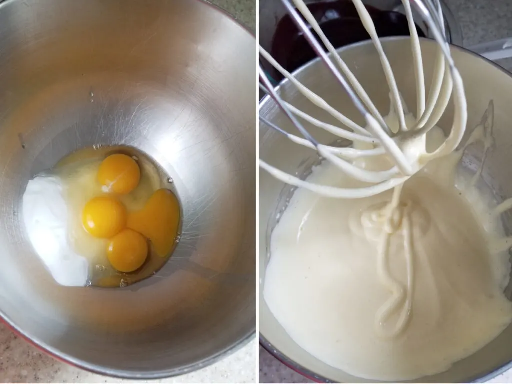 eggs and sugar in a bowl and a bowl of whipped eggs and sugar.