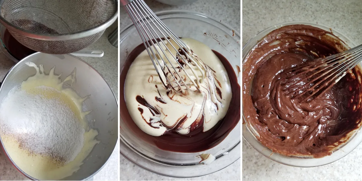 a bowl of whipped eggs with flour sifted. Whisking eggs into chocolate and whisking cake batter