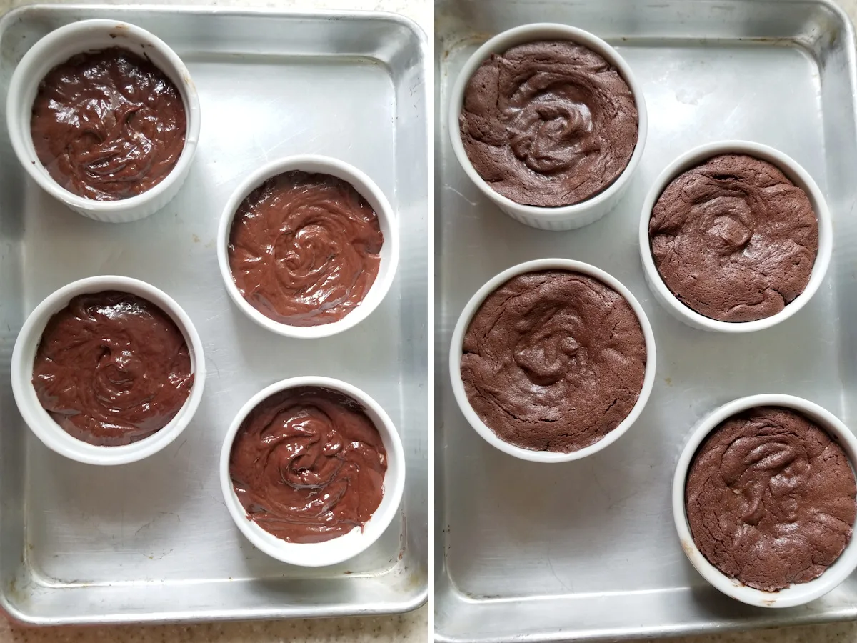 molted chocolate cakes before and after baking