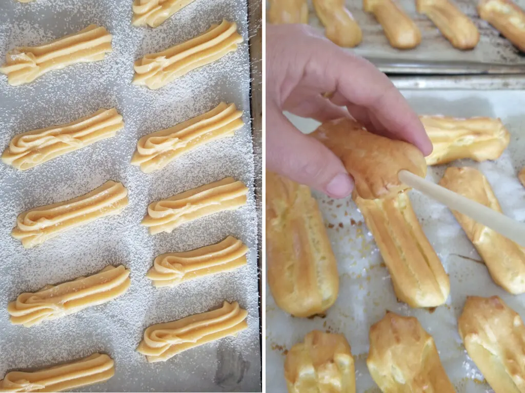 a tray of unbaked eclairs and poking a hole into a baked eclair for filling.