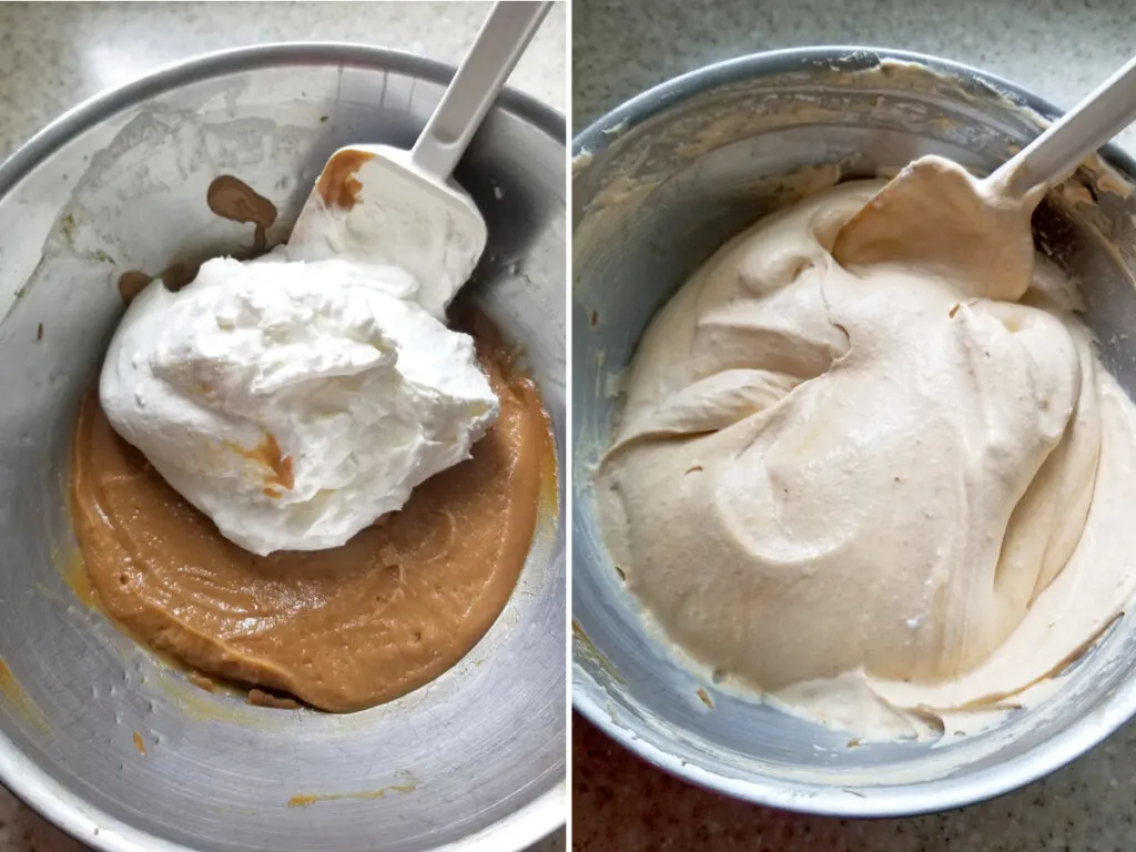 Folding cream into caramel pastry cream