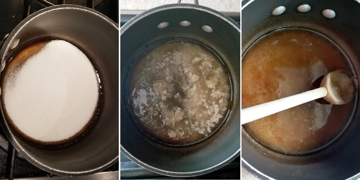 3 photos showing sugar melting and then caramelizing