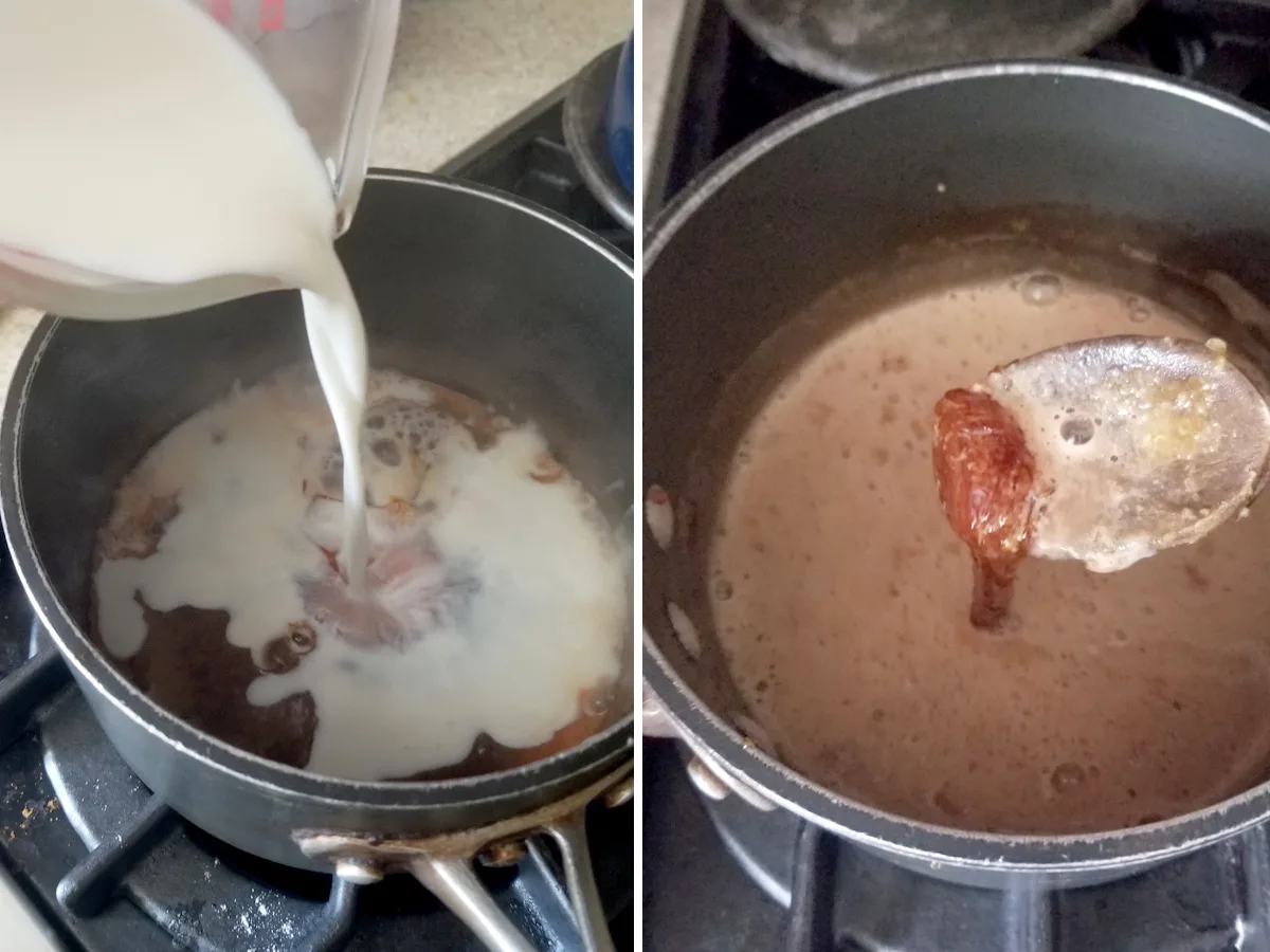 pouring milk into caramelized sugar and then melting the caramel into the milk