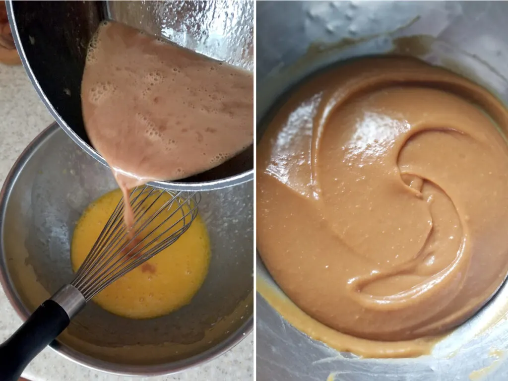 pouring caramel sauce into eggs then a bowl of caramel pastry cream.