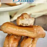 a pinterest image for salted caramel eclairs with text overlay