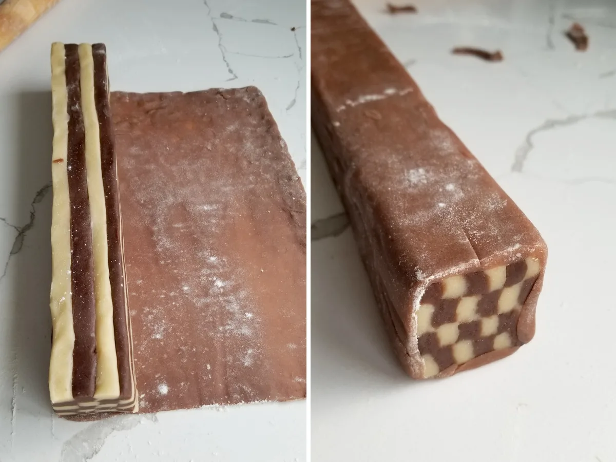 wrapping a log of striped dough in chocolate dough