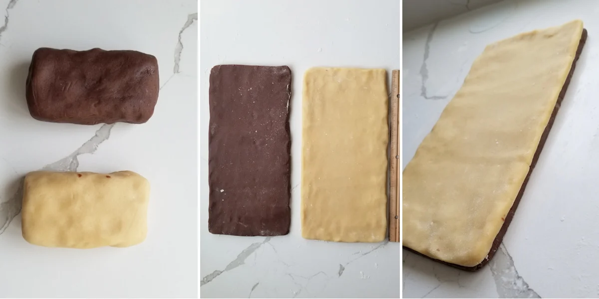 chocolate and vanilla dough are rolled to rectangles and stacked