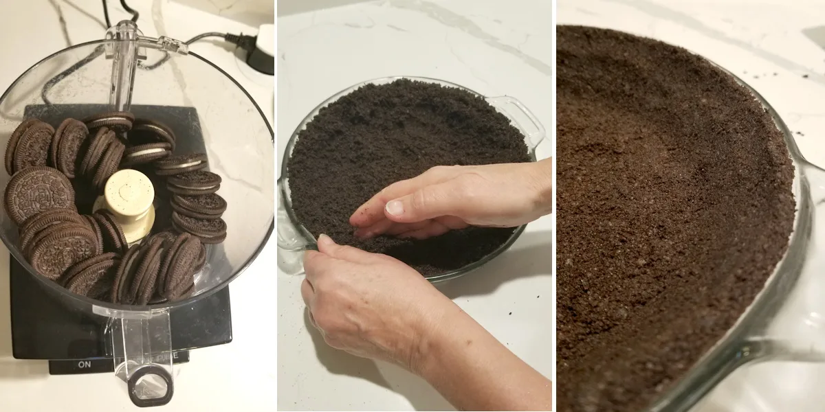 three photos showing how to prepare an oreo cookie crust