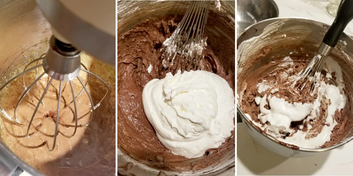 a bowl with eggs and chocolate. A bowl with chocolate and whipped cream. A bowl with chocolate and whipped egg whites. 