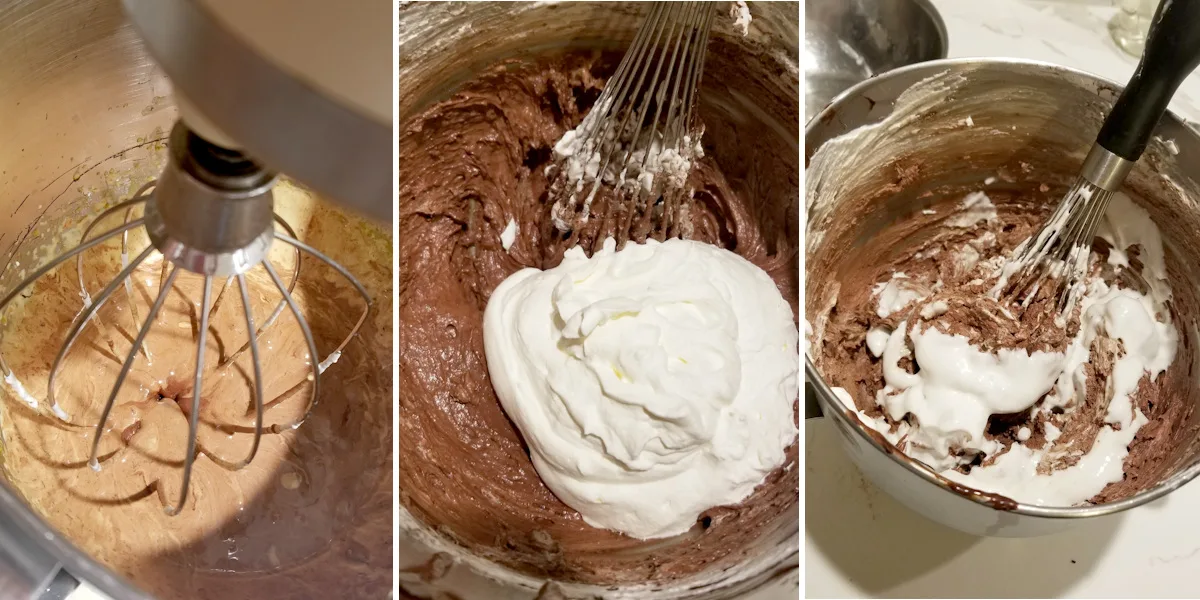 a bowl with eggs and chocolate. A bowl with chocolate and whipped cream. A bowl with chocolate and whipped egg whites.