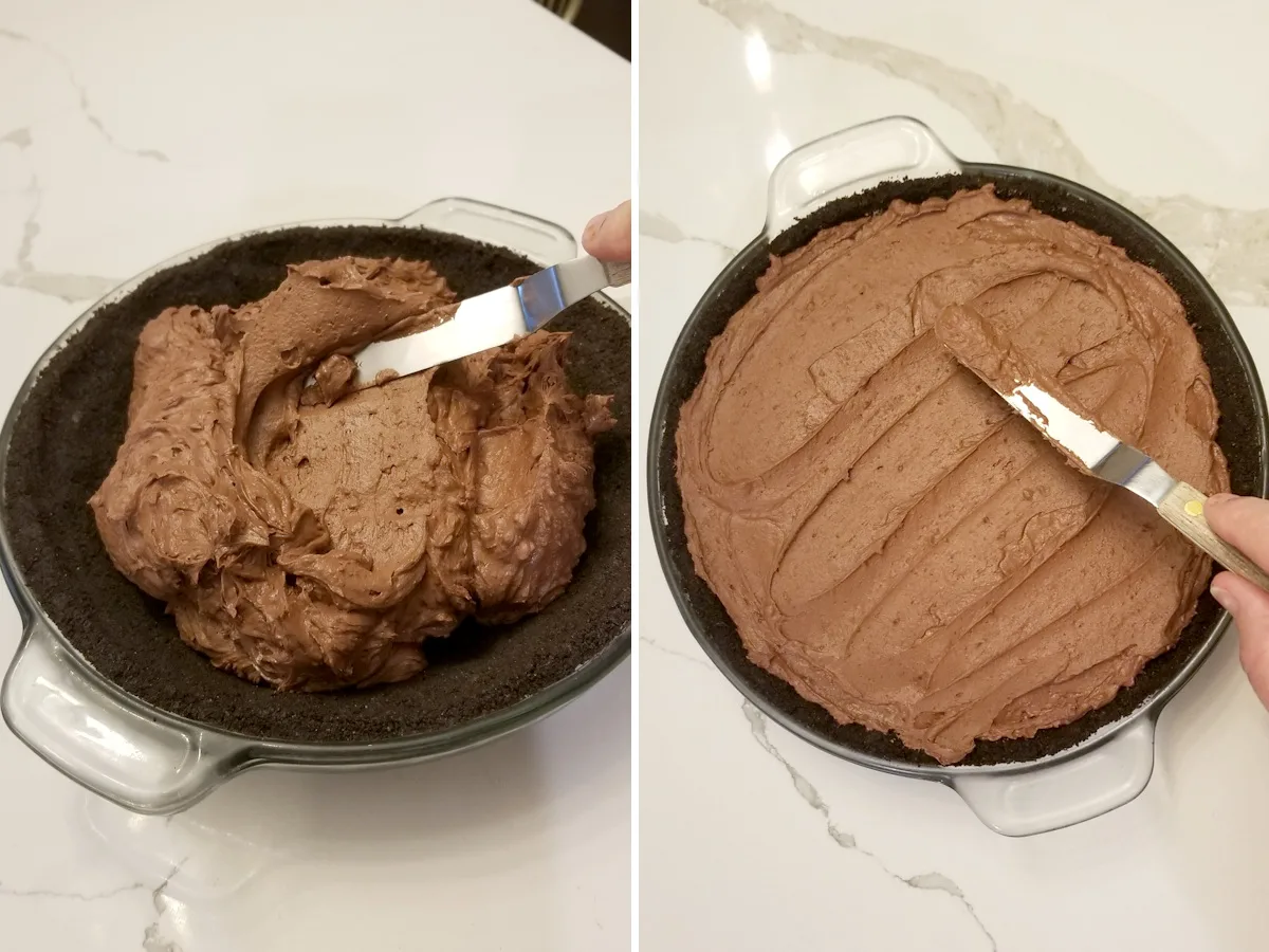 spreading chocolate mousse into a pie crust