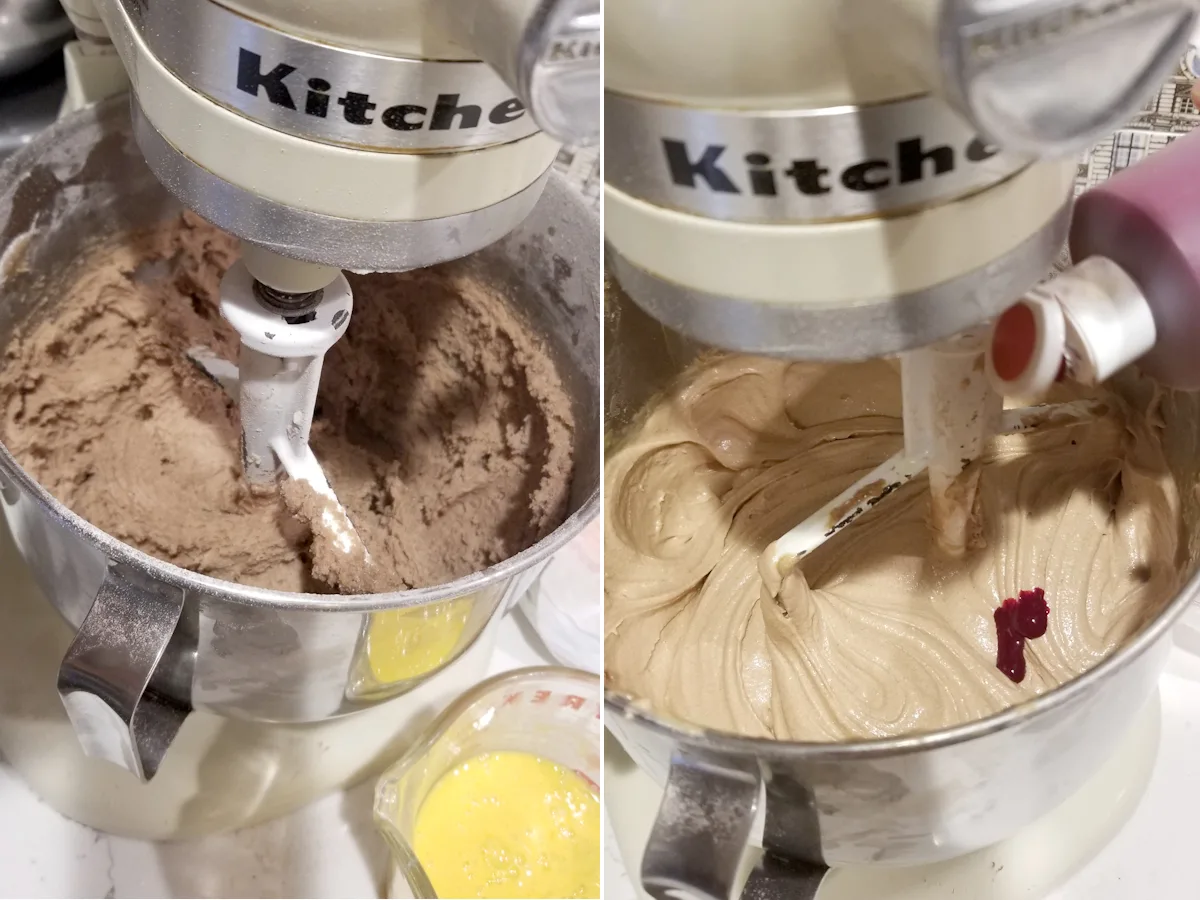 two photos showing how to mix red velvet bundt cake batter