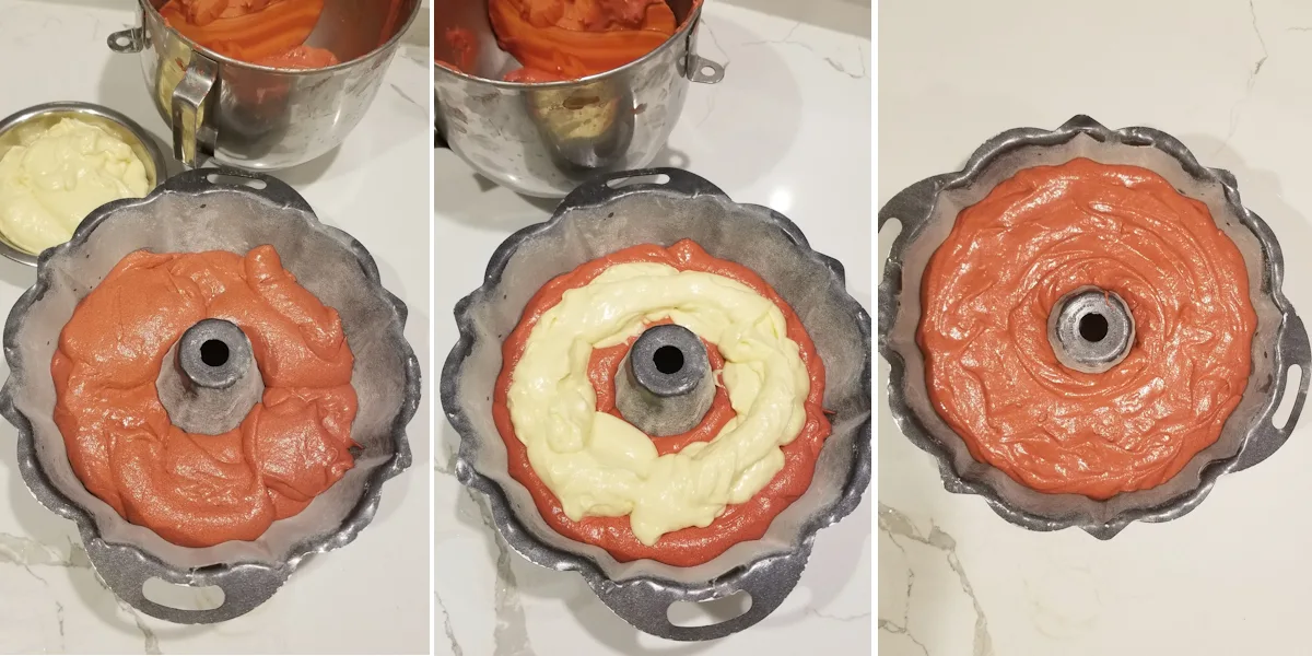 three photos showing how to add the cream cheese filling in red velvet bundt cake.