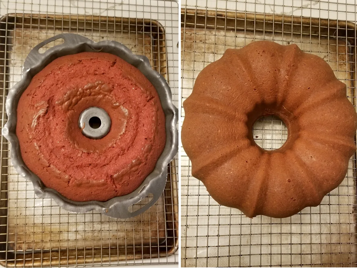 showing red velvet bundt cake cooling in the pan and cooling on a rack