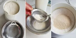 sourdough powder in a spice grinder. Sifting ground sourdough powder. Grinding again for finer powder.