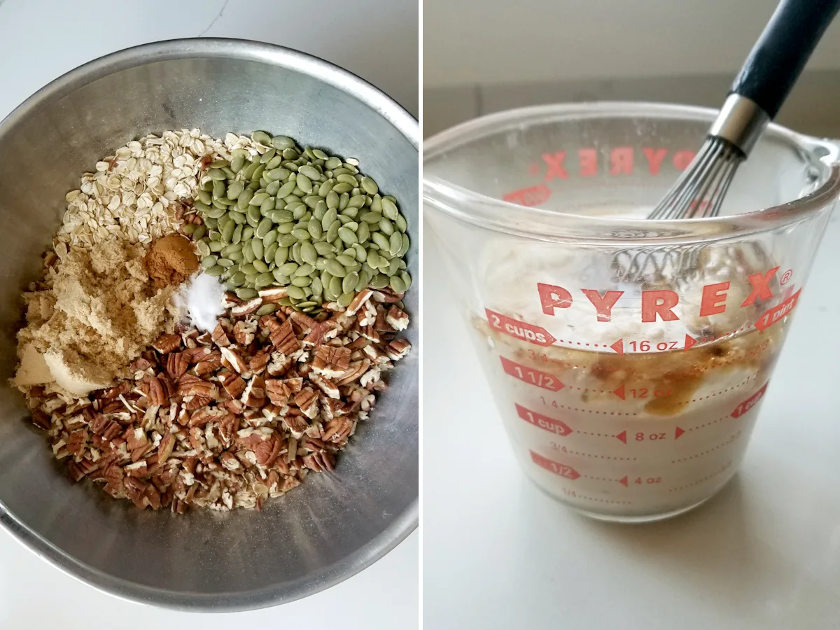 two photos showing ingredients for sourdough granola 