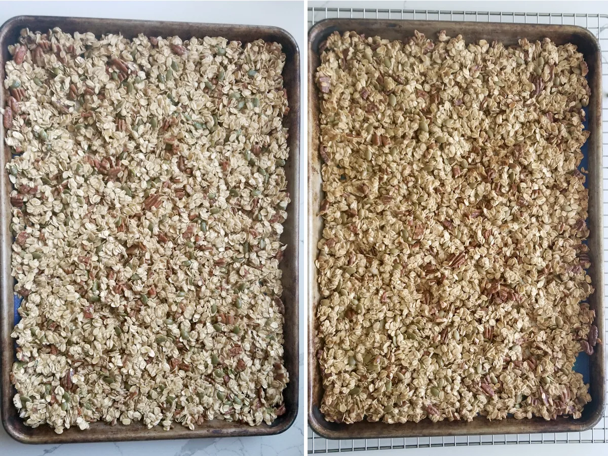 two photos showing sourdough granola before and after baking