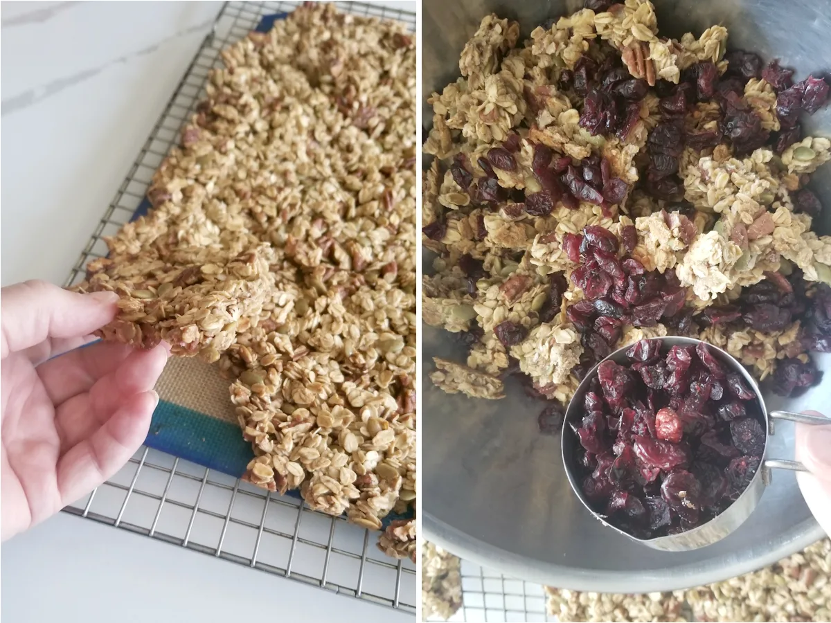 two photos showing how to finish making sourdough granola