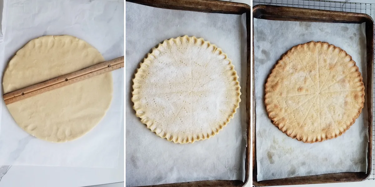 photo 1 shows a 10" round of short dough. Photo 2 shows the round scored into 12 wedges. Photo 3 shows the round after baking. 