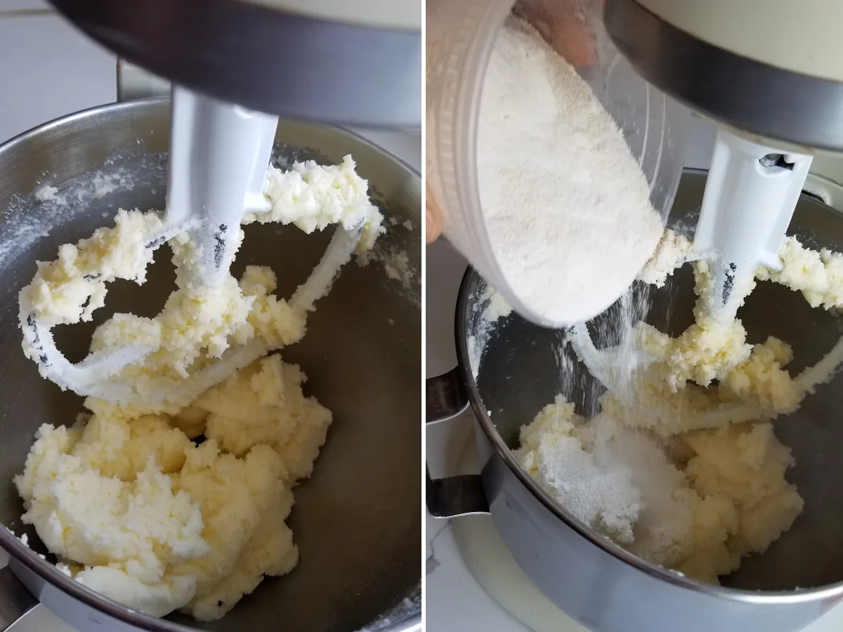 One photo shows a mixing bowl with butter and sugar. Second photo shows adding sourdough powder to the bowl.