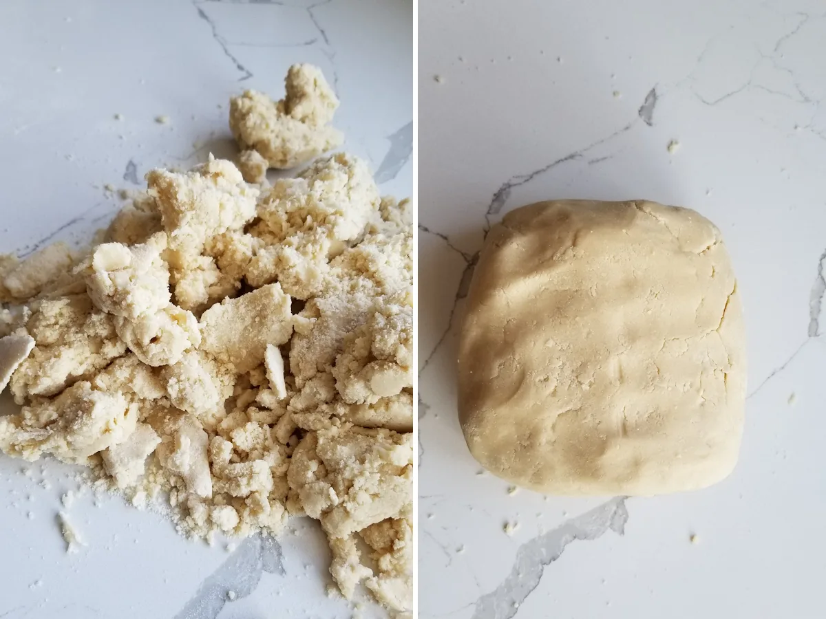 First photos shows crumbly short dough. Second photo shows dough kneaded together into a small square.