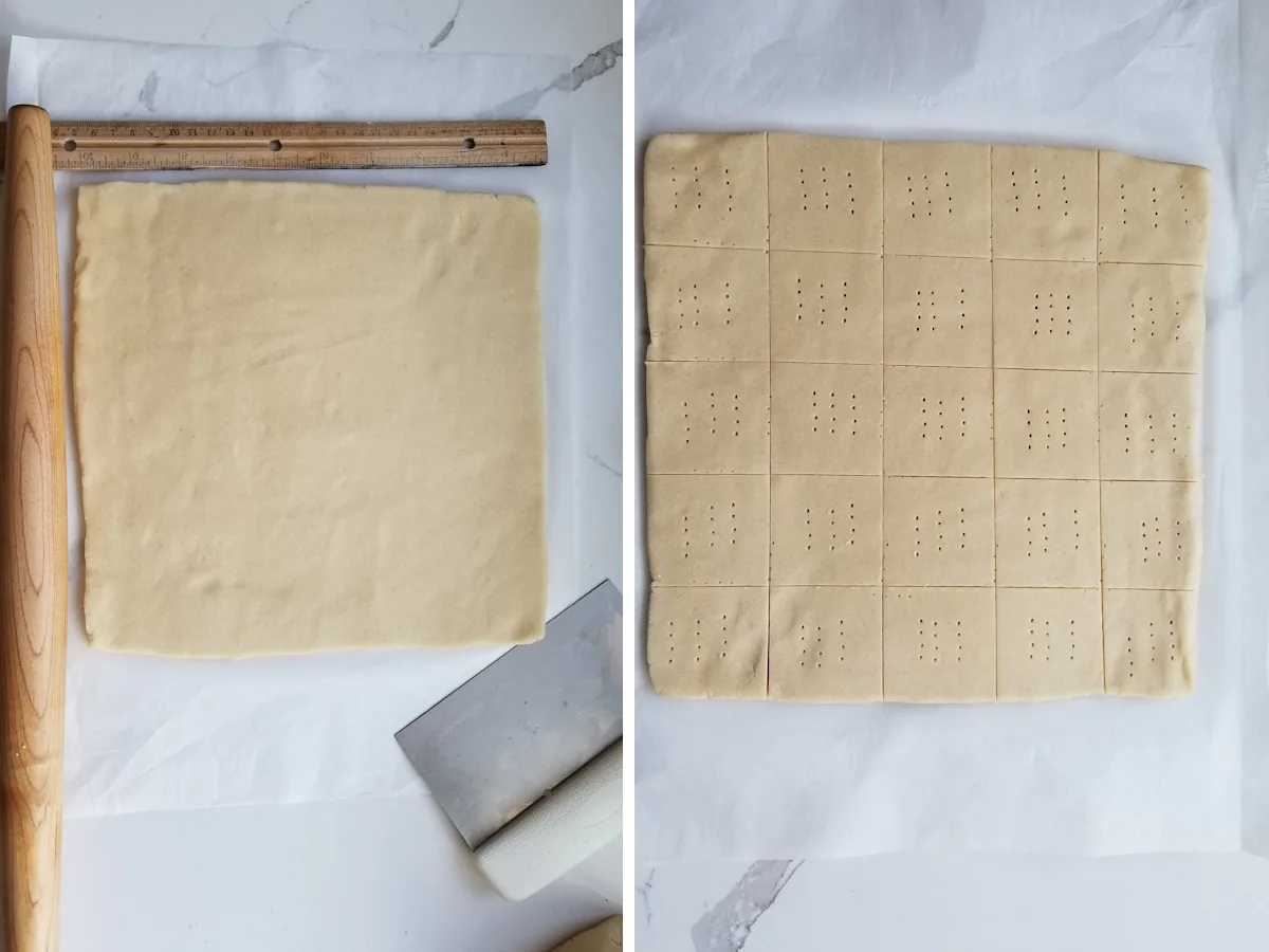 one photo showing a square of short dough. The second photo shows the dough cut into 25 cookies.