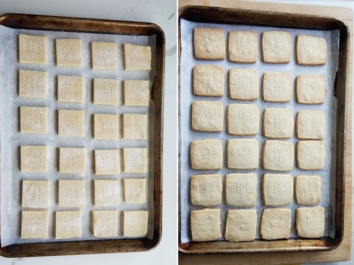 showing shortbread cookies before and after baking.