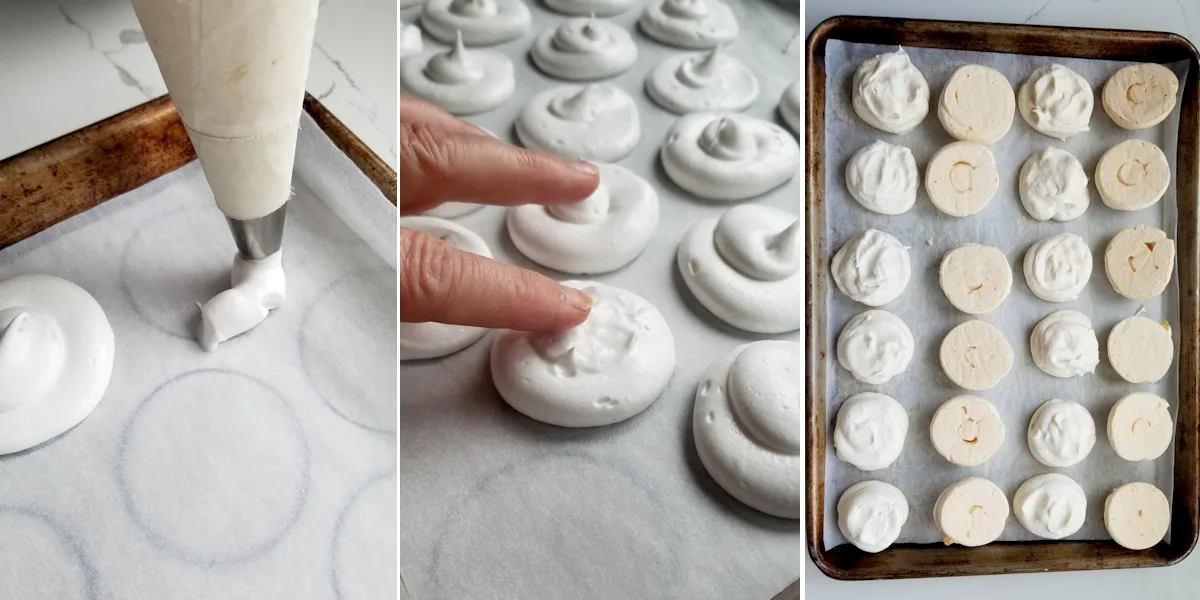 photo one showing a bag piping meringue discs. photo two showing a hand smoothing the tops of meringues. photo 3 shows baked meringue lined up for filling