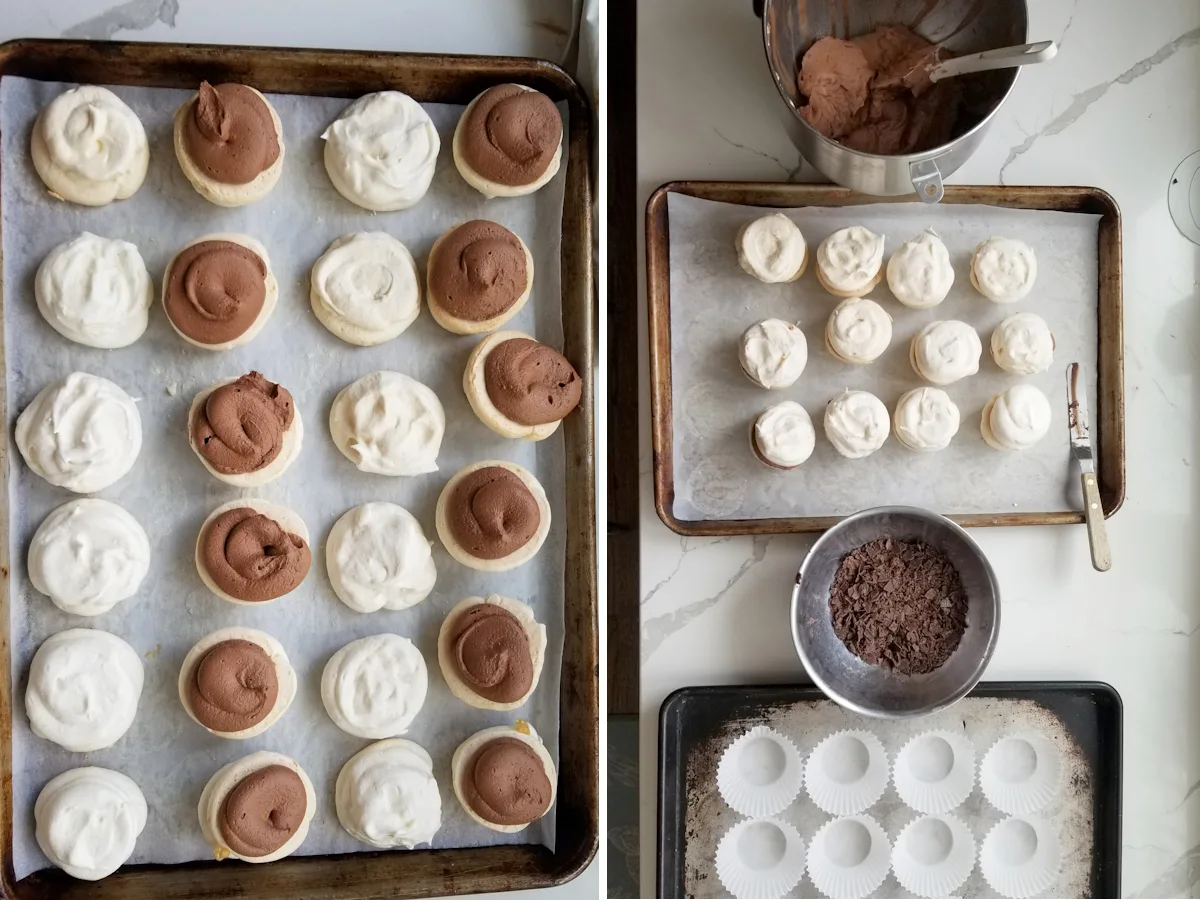 showing a tray of filled meringue cookies before sandwiching. Showing the setup for icing and finishing merveilleux