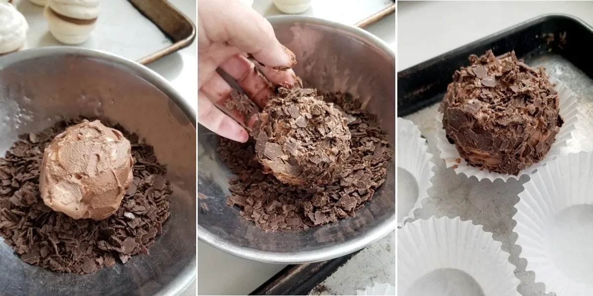 Photo 1 shows a iced meringue cookie in a bowl of chocolate shavings. Photo 2 showing a hand covering the cookie with shavings. Photo 3 shows the finished cookie in a cupcake paper.