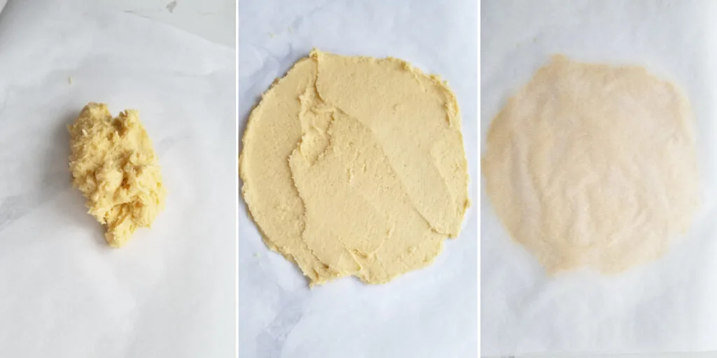 three photos showing how to spread cake batter onto parchment paper to form the top of the cake