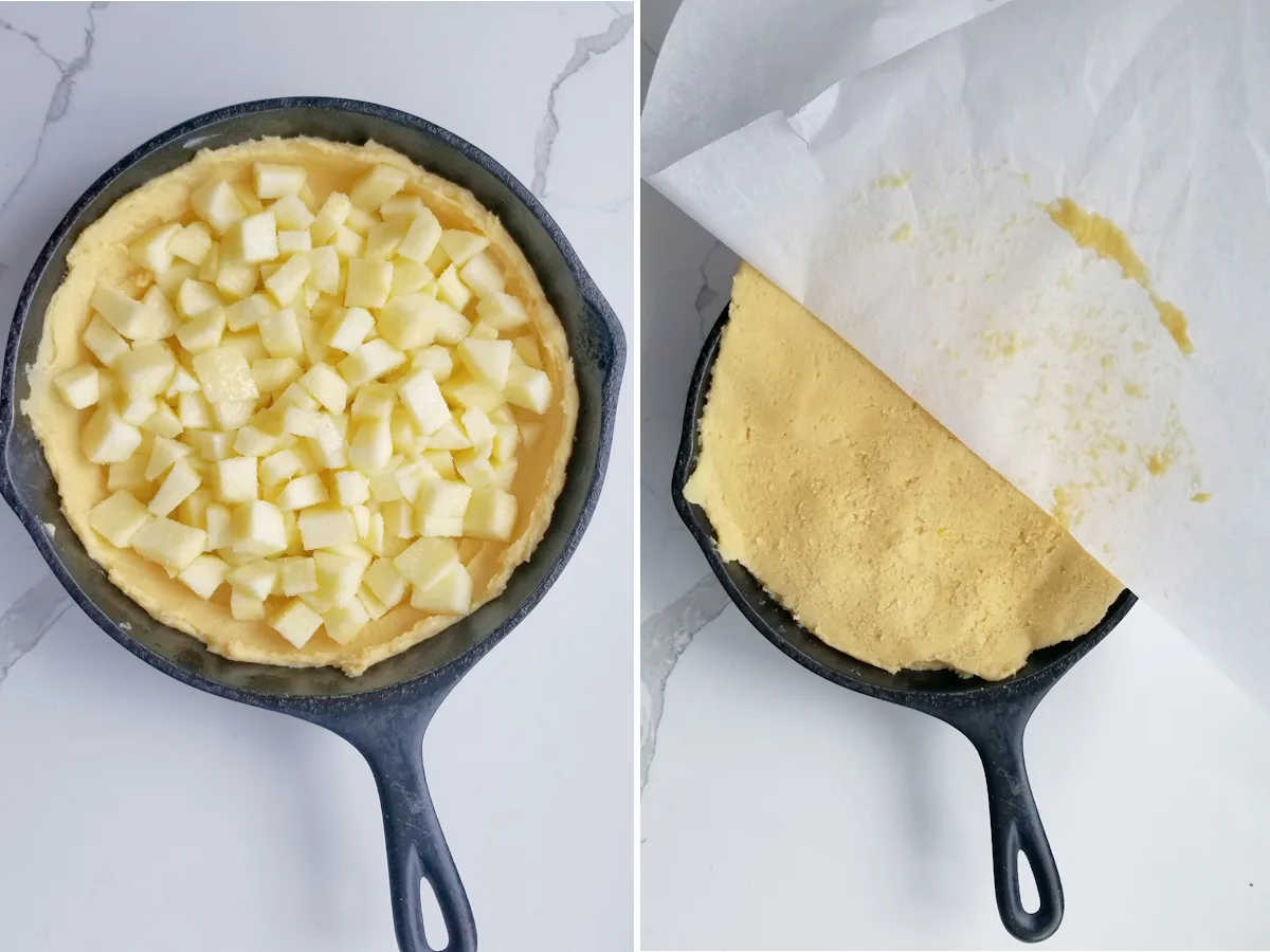 Photo 1 shows a skillet filled with cake batter and chopped apples. Photo 2 shows how to place the top batter onto the cake.